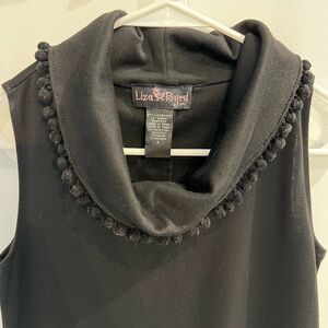 Liza Byrd Sleeveless Black Dress with Cowl Neck and Pom Pom Detail